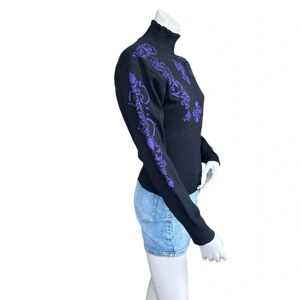 Vintage 80s 90s Obermeyer Turtleneck Wool Blend Purple Floral Print Sweater Med